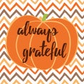 Hand drawn thanksgiving autumn card with pumpkin on zig zag background