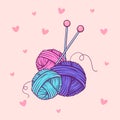 Hand drawn three balls of yarn and needles in doodle style on pink background with hearts