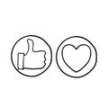 Hand drawn Thumb up and heart icon. Vector like and love icon. Ready like and love button for website and mobile app.doodle style Royalty Free Stock Photo