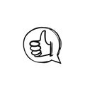 Hand drawn thumb up symbol for like button icon illustration with doodle style vector isolated