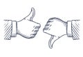 Hand drawn thumbs up and down. Like and unlike business isolated sketch vector symbols Royalty Free Stock Photo