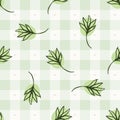 Hand drawn thyme herb twig gingham seamless pattern. Vector vintage check retro vegetable background. Green farmer Royalty Free Stock Photo