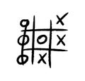 Hand drawn tic tac toe game. X-O children game. Win in tictactoe. Vector illustration in doodle style on white