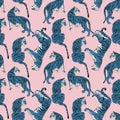 Hand drawn tiger seamless pattern, big cats in different position, blue tigers on pink, exotic background, flat vector