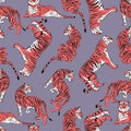Hand drawn tiger seamless pattern, big cats in different position, red tigers on purple, exotic background, flat vector