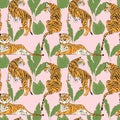 Hand drawn tiger seamless pattern, big cats in different position, tigers and tropical plants, exotic background, flat vector Royalty Free Stock Photo