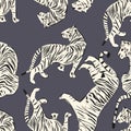 Hand drawn tiger seamless pattern, big cats in different position, white tigers on dark exotic background, flat vector