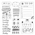 Hand drawn to do list, sticky tape, and other note book elements. Doodle stationery design. Set of hand letered days of week
