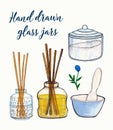 Watercolor bathroom glass objects, air freshers set Royalty Free Stock Photo