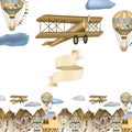 Hand drawn town, retro airplanes and hot air balloons illustration