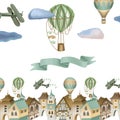 Hand drawn town, retro airplanes and hot air balloons illustration