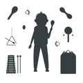 Hand drawn toy musical instruments for kids. Flat vector toddler in overall silhouette illustration