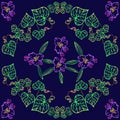 hand-drawn tradescantia flowers, leaves climbing plant colorful pattern on a dark blue background lineart ornament symmetry