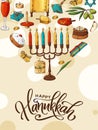 Hand drawn traditional Chanukah symbols in sketch style. Jewish holiday Hanukkah greeting card. Vector illustartion Royalty Free Stock Photo