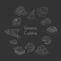 Hand drawn traditional Greece cuisine dish and desserts set. Design sketch element for menu cafe, bistro, restaurant, bakery, Royalty Free Stock Photo