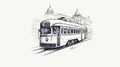 Hand-drawn Tram With City Landmark: A Nostalgic Tribute To Streamline Elegance