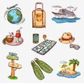 Hand drawn travel icons traveling on airplane