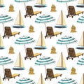 Hand drawn travel seamless pattern with yacht, sand castle, umbrella, chaise-longue Royalty Free Stock Photo