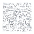 Hand drawn travel, tourism doodles elements vector illustration. Royalty Free Stock Photo