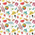 Hand drawn travel seamless pattern with umbrella, hat, swimming suit, coctail, ice cream, ball, lifebuoy, sun glasses Royalty Free Stock Photo