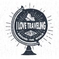 Hand drawn travelling label with globe vector illustration. Royalty Free Stock Photo