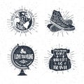 Hand drawn travelling labels set with globe, sneakers, backpack Royalty Free Stock Photo