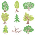 Hand drawn tree collection. Set of green trees silhouettes isolated Royalty Free Stock Photo