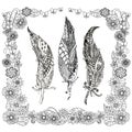 Hand drawn tree feathers in floral frame zentangle stylized monochrome stock