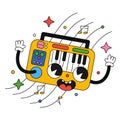 Hand drawn trendy cartoon vector illustration happy synthesizer playing music electronic piano Royalty Free Stock Photo