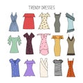 Hand drawn trendy dresses design concept. Fashion dresses with s