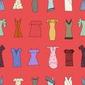 Hand drawn trendy dresses seamless pattern. Fashion dresses with