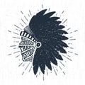 Hand drawn tribal label with headdress vector illustration and lettering. Royalty Free Stock Photo