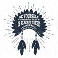 Hand drawn tribal label with headdress vector illustration and lettering. Royalty Free Stock Photo