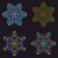 Hand-drawn tribal mandala set, hippie style. Black and bright colors