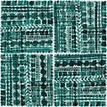 Hand drawn tribal patchwork seamless vector pattern in cool greenish blue tones with transparent overlay effects