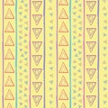 Hand drawn tribal red, blue, yellow, purple triangles and irregular stripes. Vector seamless pattern on yellow Royalty Free Stock Photo