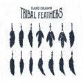 Hand drawn tribal style feathers set. Vector illustration Royalty Free Stock Photo