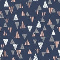 Hand drawn tribal textured triangles on dark blue background vector seamless pattern. Ethnic abstract geometric drawing Royalty Free Stock Photo