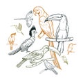 Hand drawn tropical birds. Vector sketch illustration Royalty Free Stock Photo