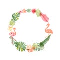 Hand drawn tropical flower and flamingo wreath Royalty Free Stock Photo