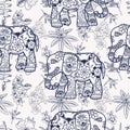 Hand drawn tropical flowers, jungle plants and stylized elephants