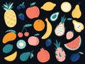 Hand drawn tropical fruits. Organic apple, banana, lemon and pear slices, cherry and mango, watermelon