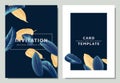 Hand drawn Tropical golden and blue guava leaves, invitation card template design