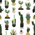 Hand drawn tropical house plants. Scandinavian style illustration, seamless pattern for fabric, wallpaper or wrap paper. Royalty Free Stock Photo