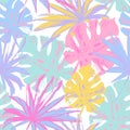 Hand drawn tropical leaves background in pastel colors. Colorful palm leaf seamless pattern Royalty Free Stock Photo