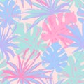 Hand drawn tropical leaves background in pastel colors. Colorful palm leaf seamless pattern Royalty Free Stock Photo