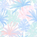 Hand drawn tropical leaves background in pastel colors. Colorful palm leaf seamless pattern Royalty Free Stock Photo