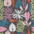 Hand drawn tropical plants. Vector pattern