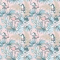 Hand drawn Tropical Seamless pattern ink palm leaves toucan flamingo. Royalty Free Stock Photo