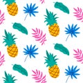 Hand drawn tropical seamless pattern with palm tree leaves and pineapple isolated on white background. Vector illustration Royalty Free Stock Photo